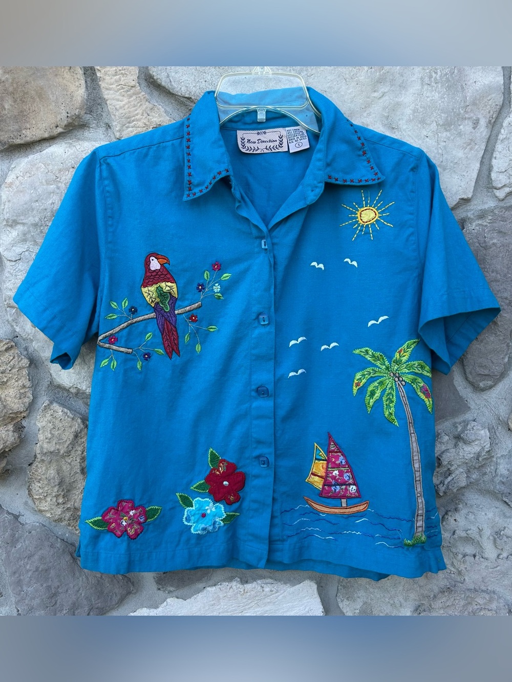 Vintage Beachy Button Up Top Size S Linen Blend Embroidered Tropical Resort Wear